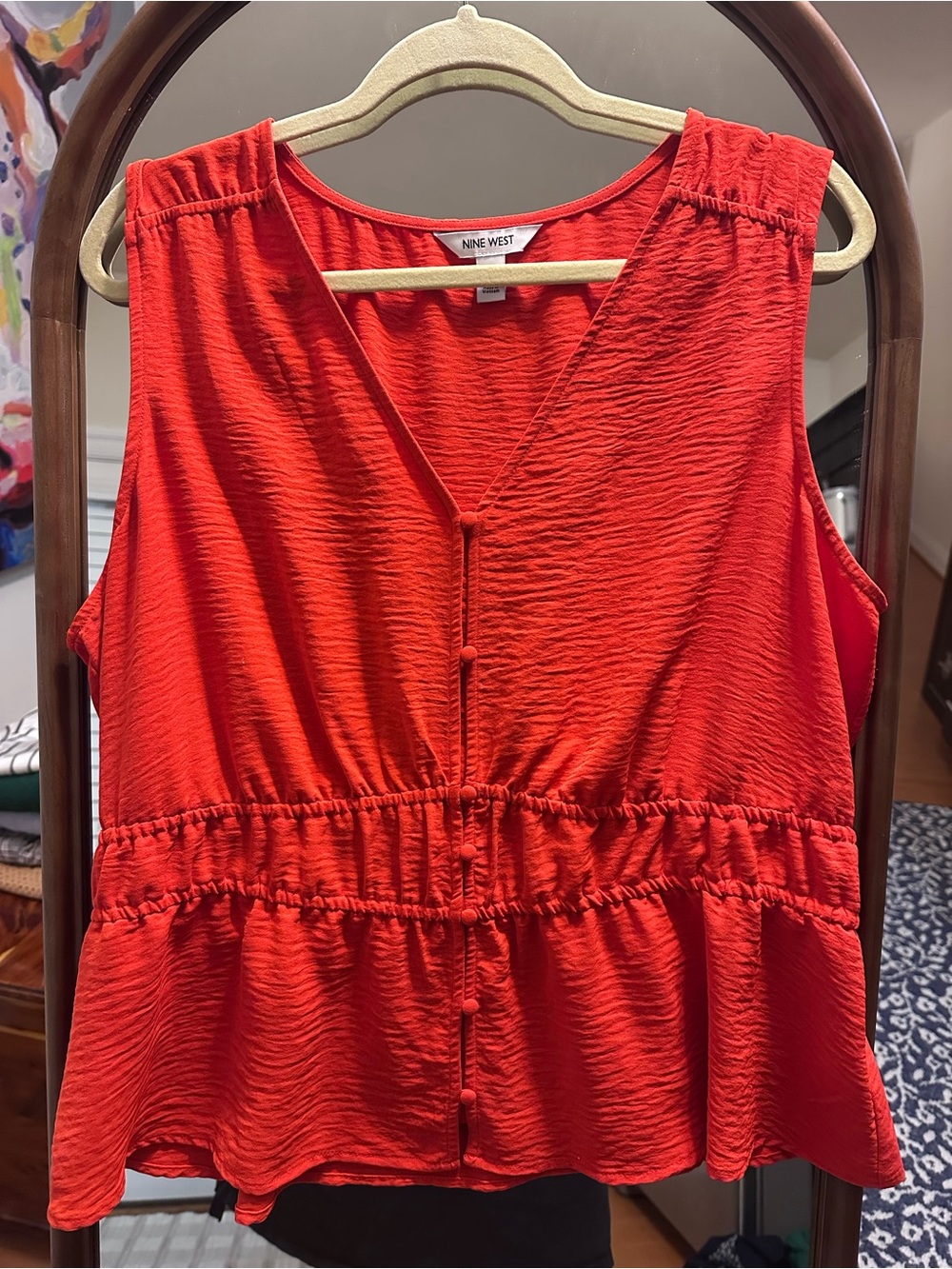 Nine West Vibrant Red Button-Front Peplum Sleeveless Top